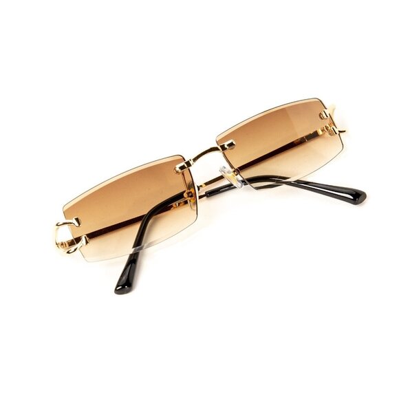 Narrow Rimless Gold Frame Stylish Light Brown Gradient Tinted Lens Sunglasses - Picture 5 of 6